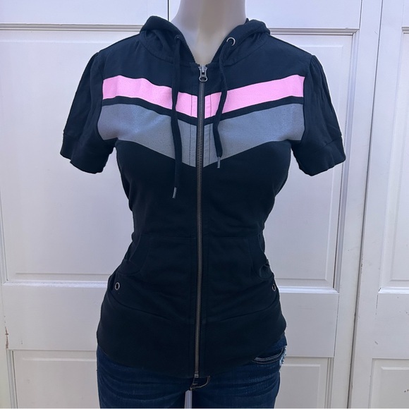 So Wear It Declare It Tops - Mcbling 2000s Stripe Zip-Up Short Sleeve Hoodie